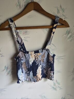 Aeropostale Juniors Smocked Tank Top Blue Leaf Print Linen Blend Size Small